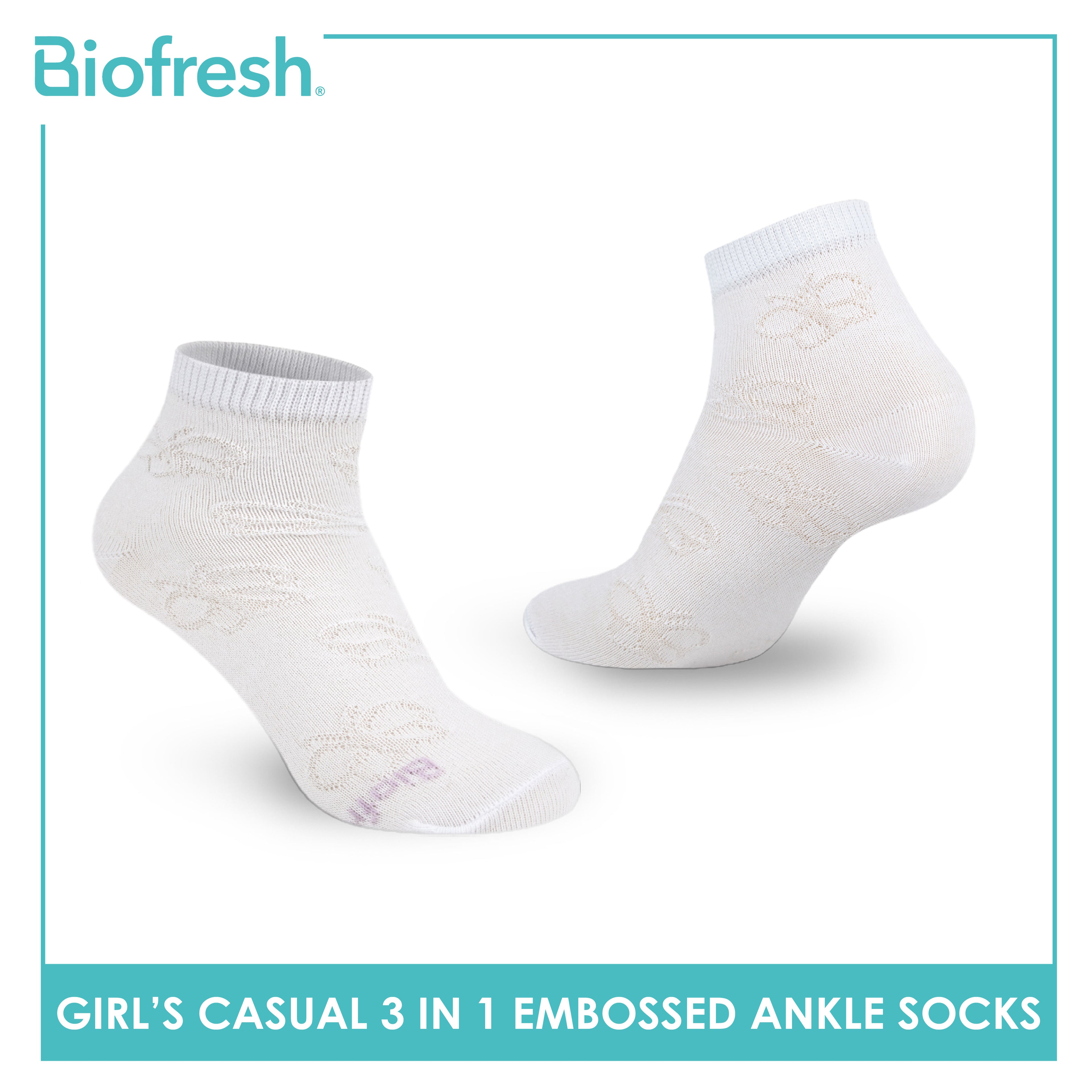 Biofresh Girls’ Antimicrobial Embossed Cotton Thin Casual Ankle Socks 3 pairs in 1 pack RGCKG70