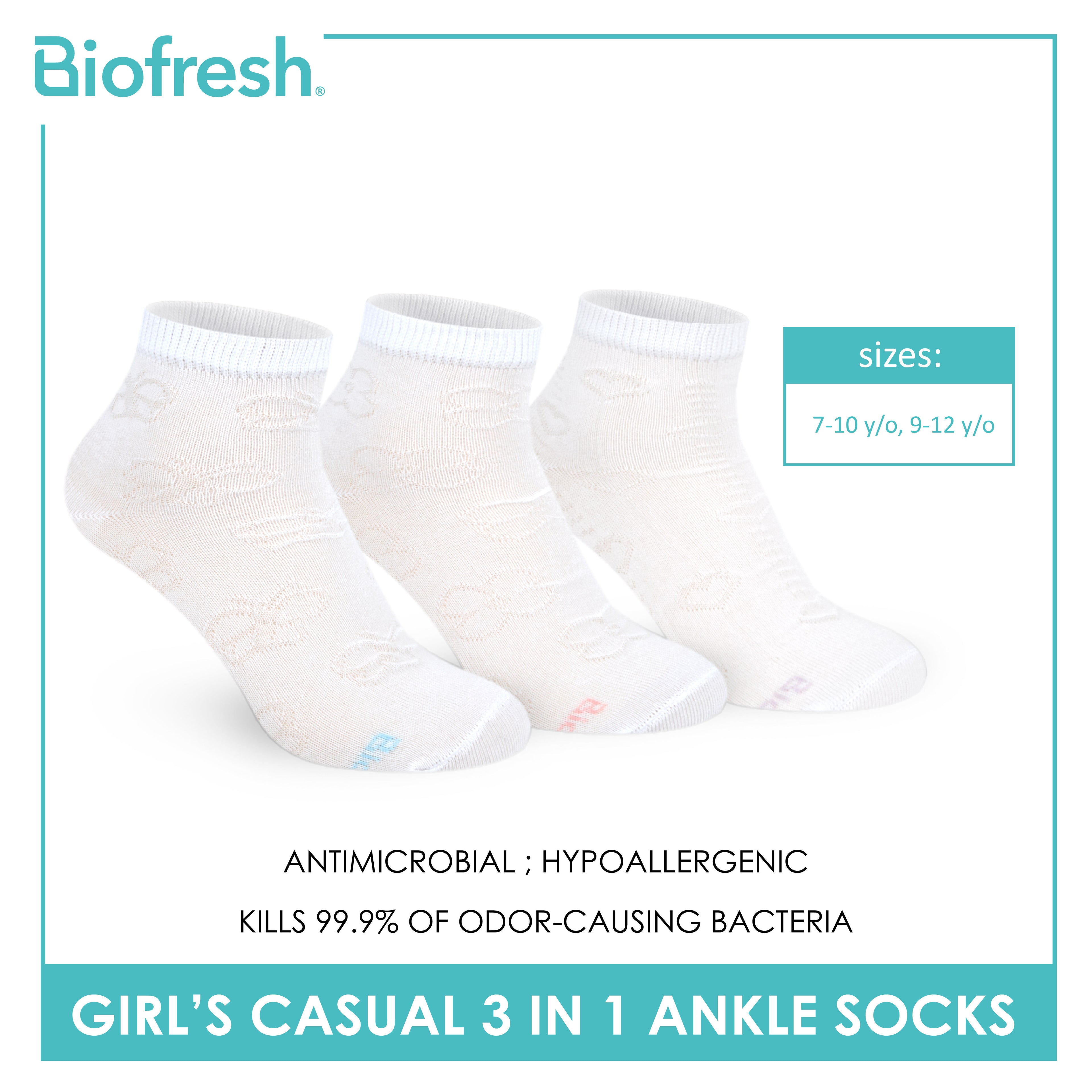 Biofresh Girls’ Antimicrobial Embossed Cotton Thin Casual Ankle Socks 3 pairs in 1 pack RGCKG70