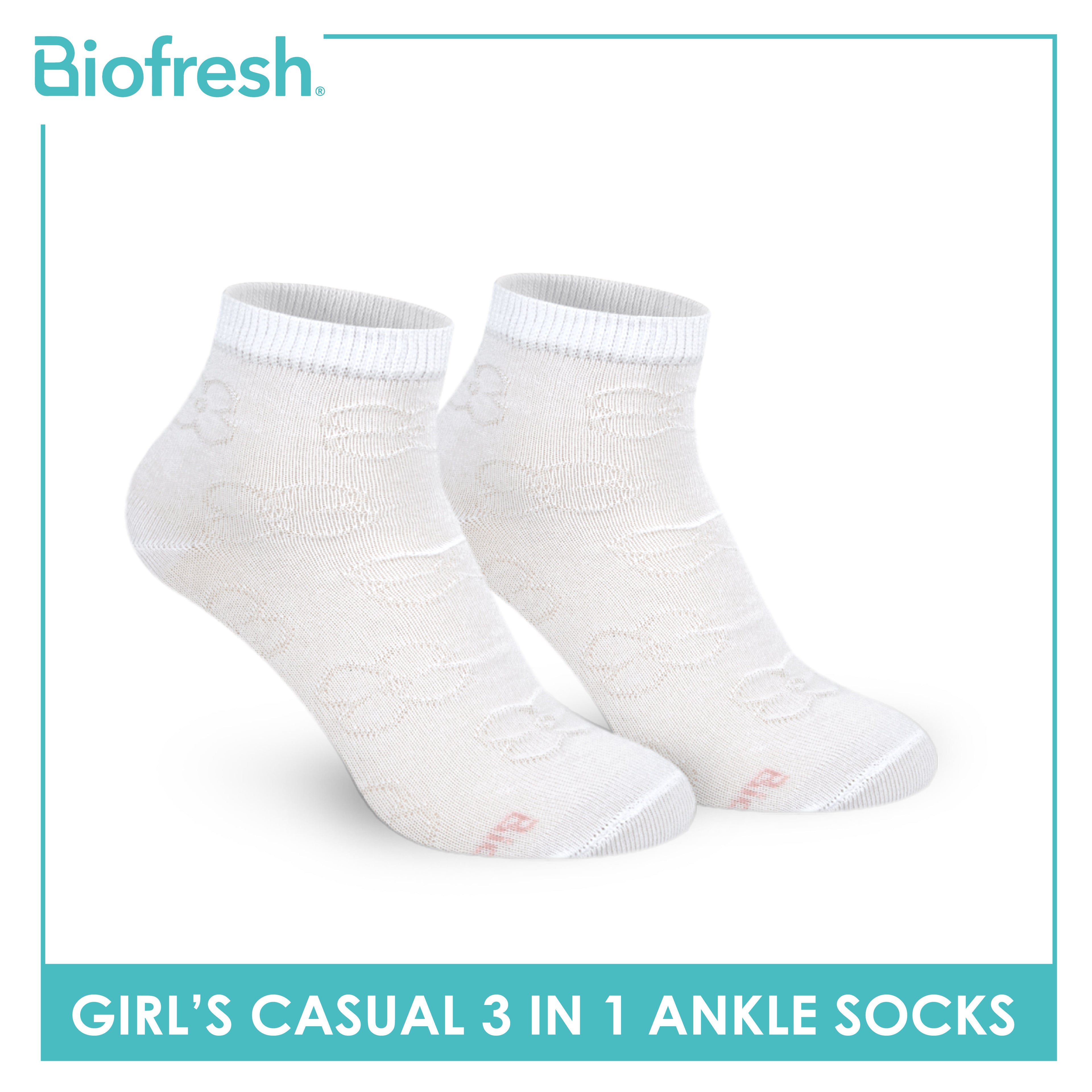 Biofresh Girls’ Antimicrobial Embossed Cotton Thin Casual Ankle Socks 3 pairs in 1 pack RGCKG70