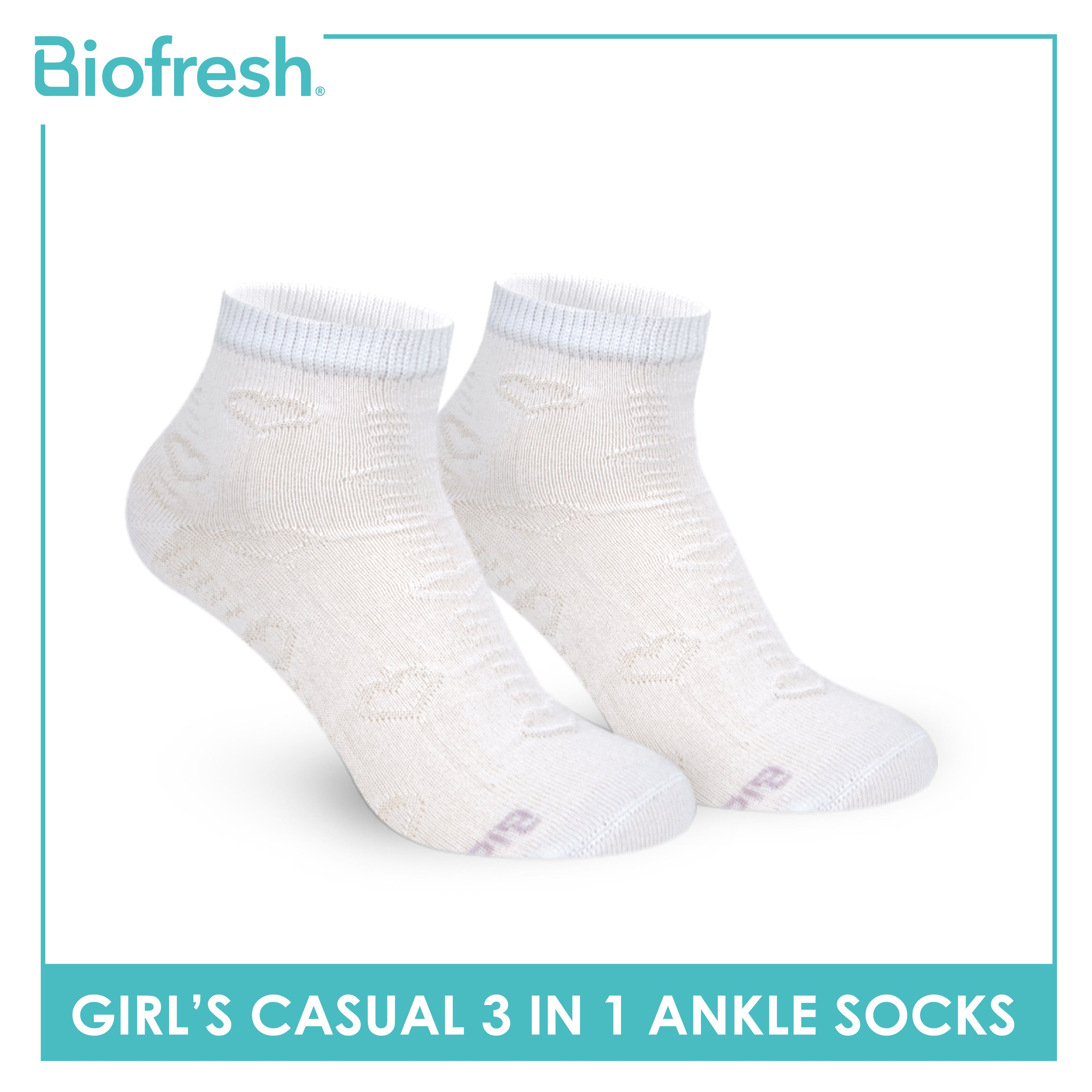 Biofresh Girls’ Antimicrobial Embossed Cotton Thin Casual Ankle Socks 3 pairs in 1 pack RGCKG70