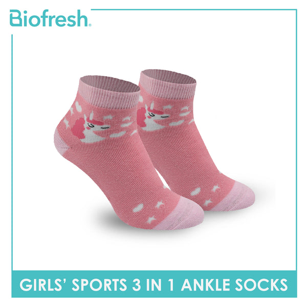 Biofresh Girls’ Antimicrobial Cotton Thick Sports Ankle Socks 3 pairs in a pack RGSG3202