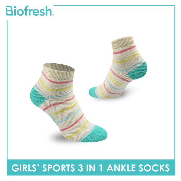 Biofresh Girls’ Antimicrobial Cotton Thick Sports Ankle Socks 3 pairs in a pack RGSG3202
