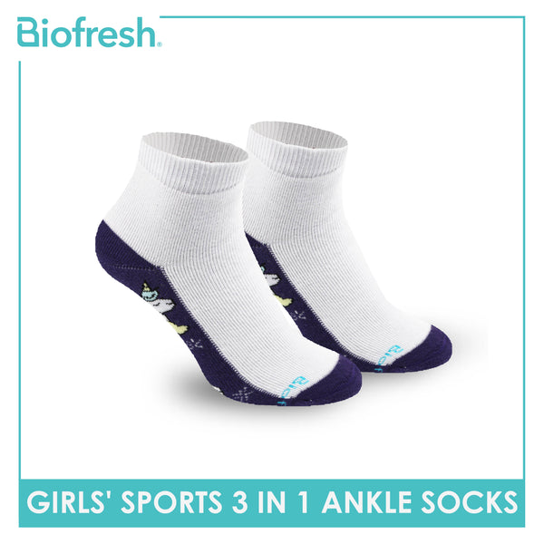 Biofresh Girls’ Antimicrobial Cotton Thick Sports Ankle Socks 3 pairs in a pack RGSKG26