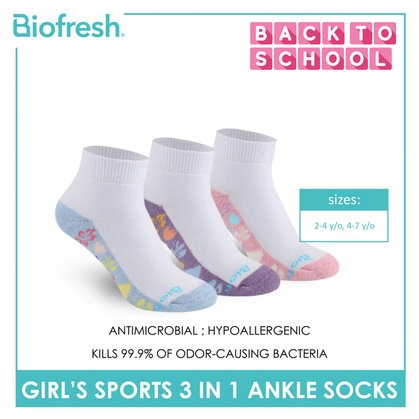 Biofresh Girls’ Antimicrobial Cotton Sports Ankle Socks 3 pairs in 1 pack RGSKG28