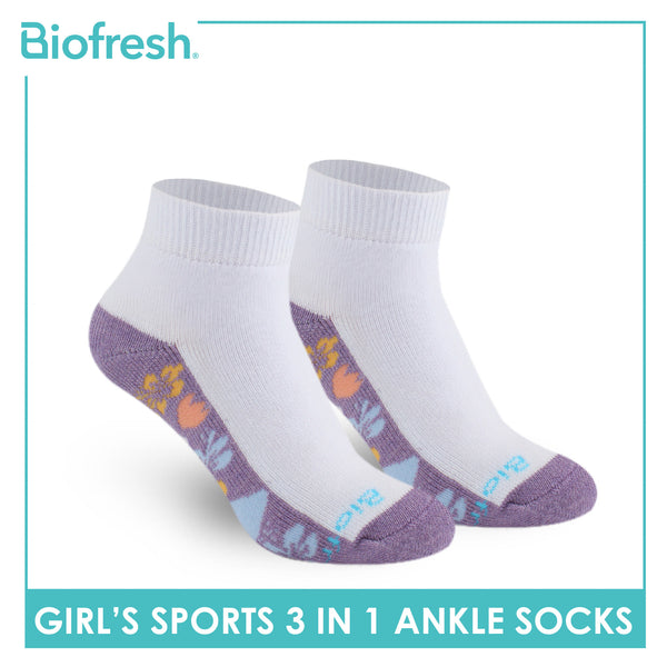 Biofresh Girls’ Antimicrobial Cotton Sports Ankle Socks 3 pairs in 1 pack RGSKG28