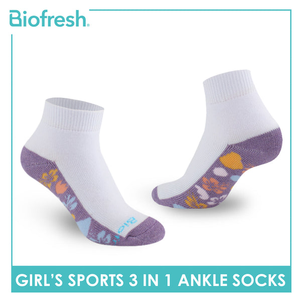 Biofresh Girls’ Antimicrobial Cotton Sports Ankle Socks 3 pairs in 1 pack RGSKG28