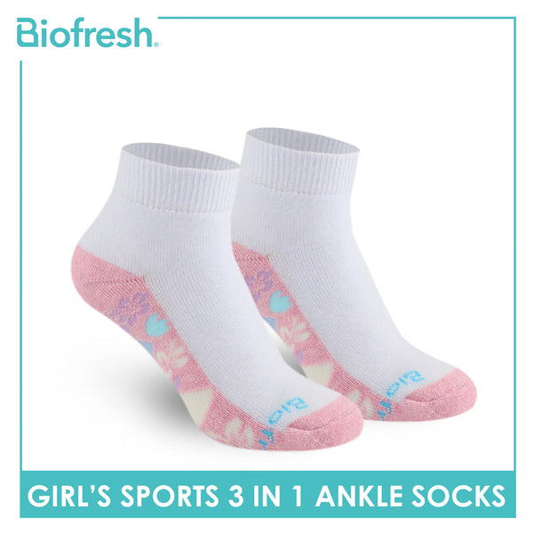 Biofresh Girls’ Antimicrobial Cotton Sports Ankle Socks 3 pairs in 1 pack RGSKG28