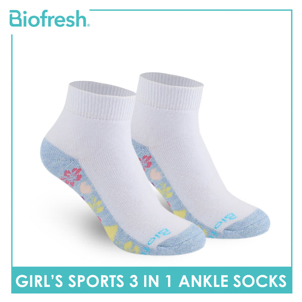 Biofresh Girls’ Antimicrobial Cotton Sports Ankle Socks 3 pairs in 1 pack RGSKG28