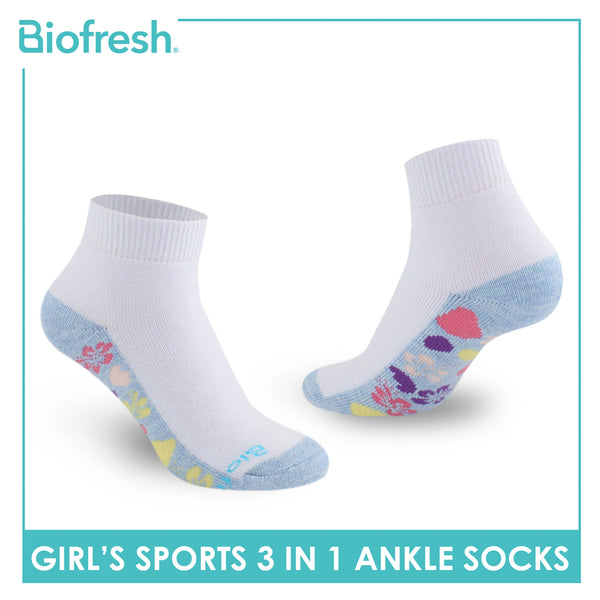 Biofresh Girls’ Antimicrobial Cotton Sports Ankle Socks 3 pairs in 1 pack RGSKG28