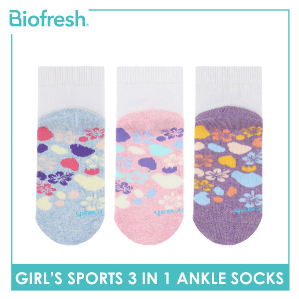 Biofresh Girls’ Antimicrobial Cotton Sports Ankle Socks 3 pairs in 1 pack RGSKG28