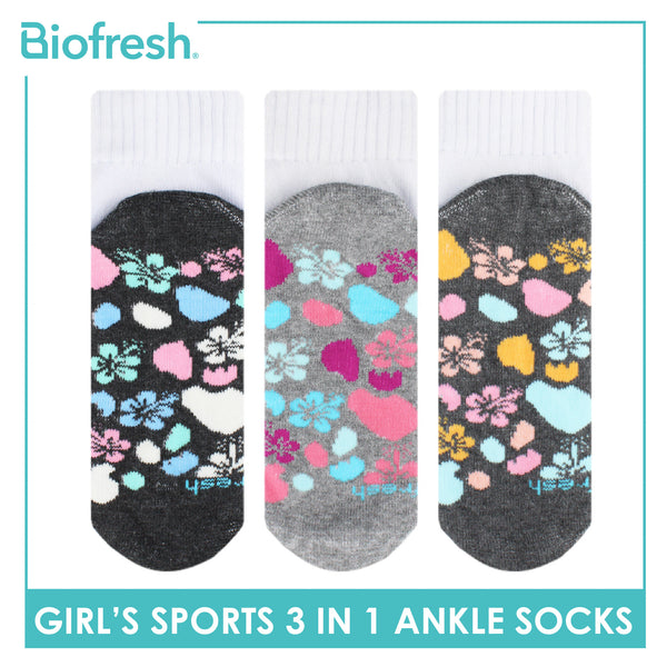 Biofresh Girls’ Antimicrobial Cotton Sports Ankle Socks 3 pairs in 1 pack RGSKG28