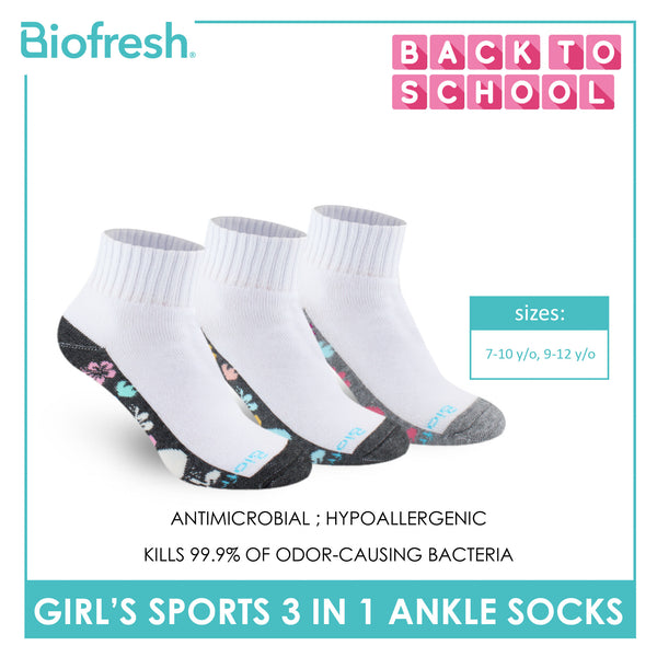 Biofresh Girls’ Antimicrobial Cotton Sports Ankle Socks 3 pairs in 1 pack RGSKG28