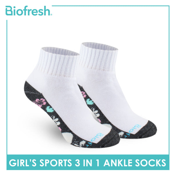 Biofresh Girls’ Antimicrobial Cotton Sports Ankle Socks 3 pairs in 1 pack RGSKG28