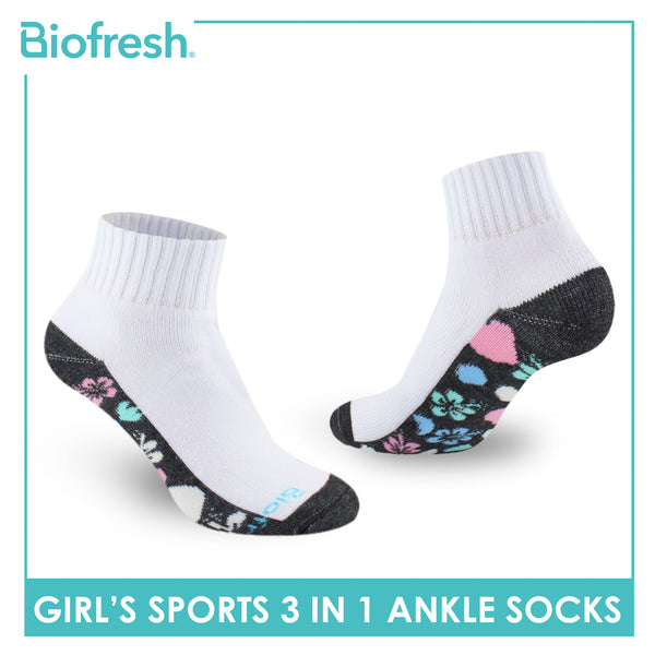 Biofresh Girls’ Antimicrobial Cotton Sports Ankle Socks 3 pairs in 1 pack RGSKG28
