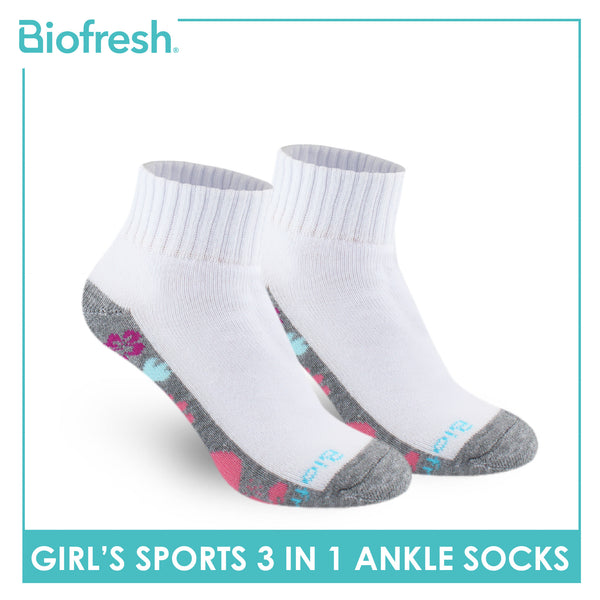 Biofresh Girls’ Antimicrobial Cotton Sports Ankle Socks 3 pairs in 1 pack RGSKG28