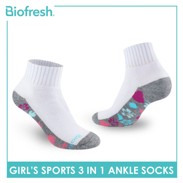 Biofresh Girls’ Antimicrobial Cotton Sports Ankle Socks 3 pairs in 1 pack RGSKG28