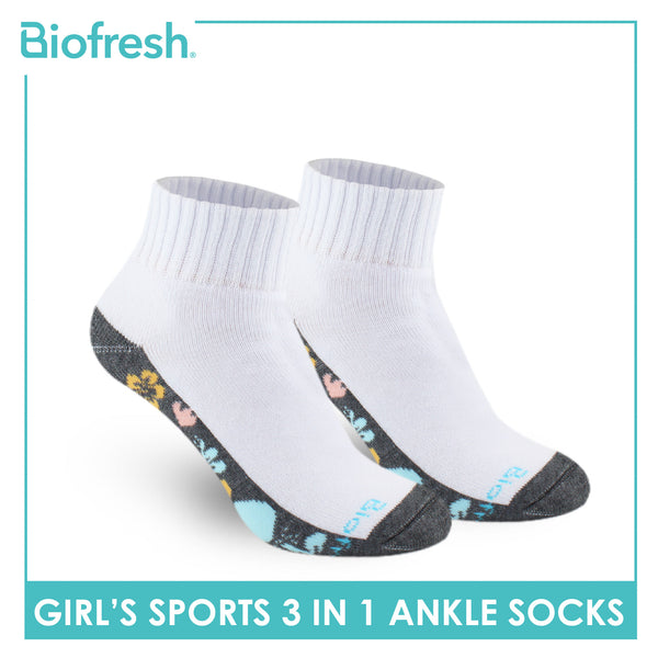 Biofresh Girls’ Antimicrobial Cotton Sports Ankle Socks 3 pairs in 1 pack RGSKG28