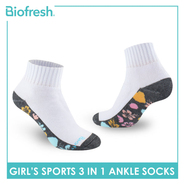 Biofresh Girls’ Antimicrobial Cotton Sports Ankle Socks 3 pairs in 1 pack RGSKG28