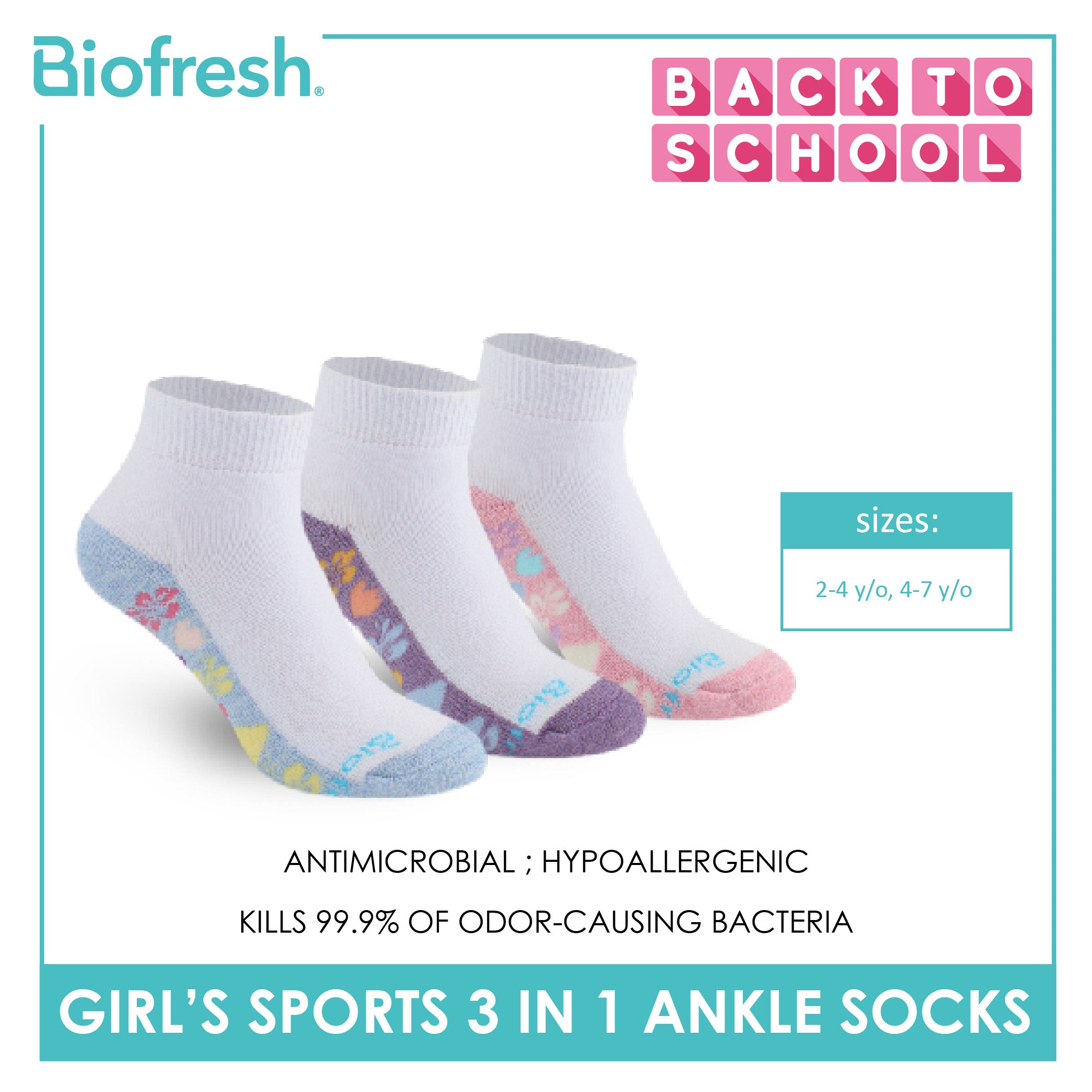 Biofresh Girls’ Antimicrobial Cotton Thick Sports Ankle Socks 3 pairs in 1 pack RGSKG28