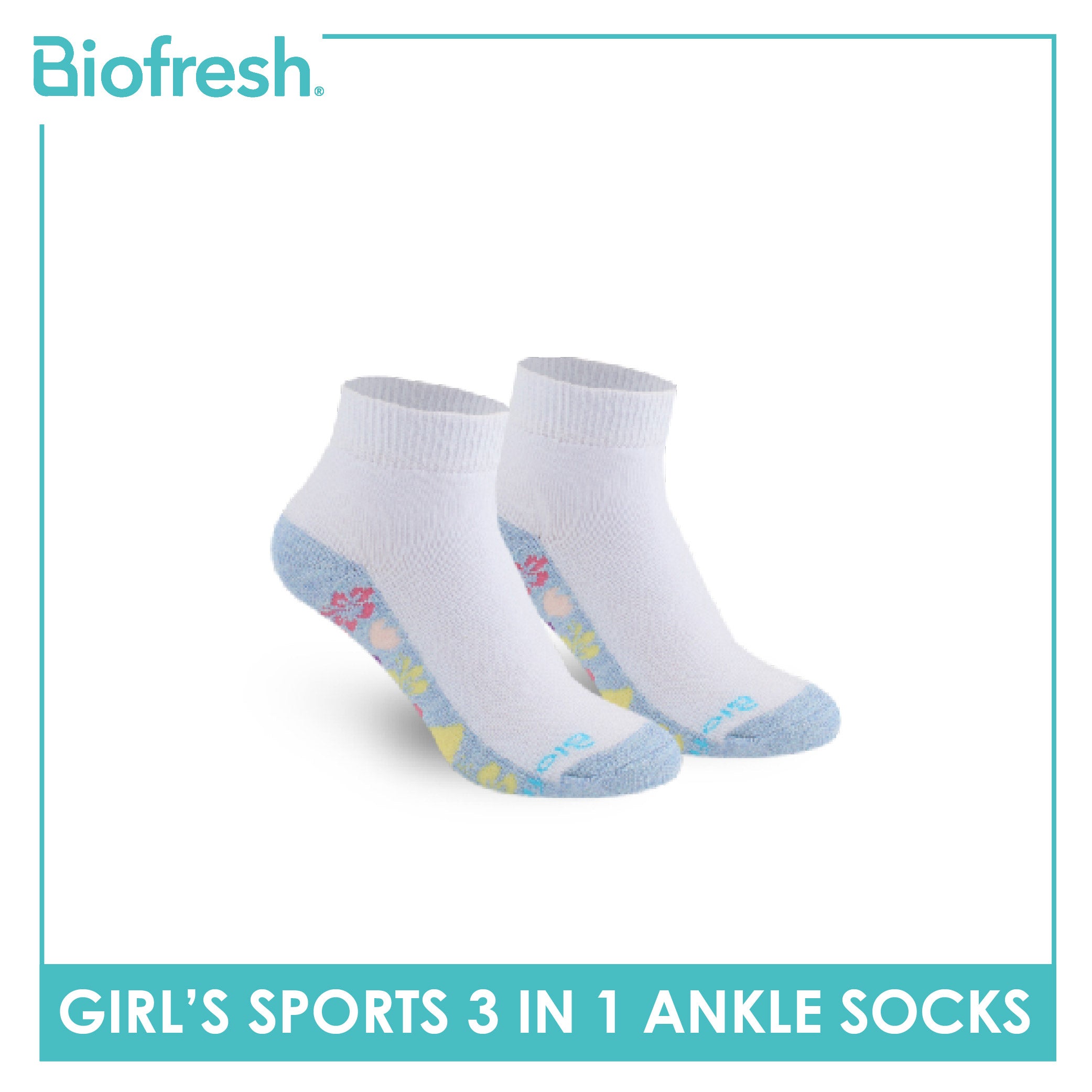 Biofresh Girls’ Antimicrobial Cotton Thick Sports Ankle Socks 3 pairs in 1 pack RGSKG28