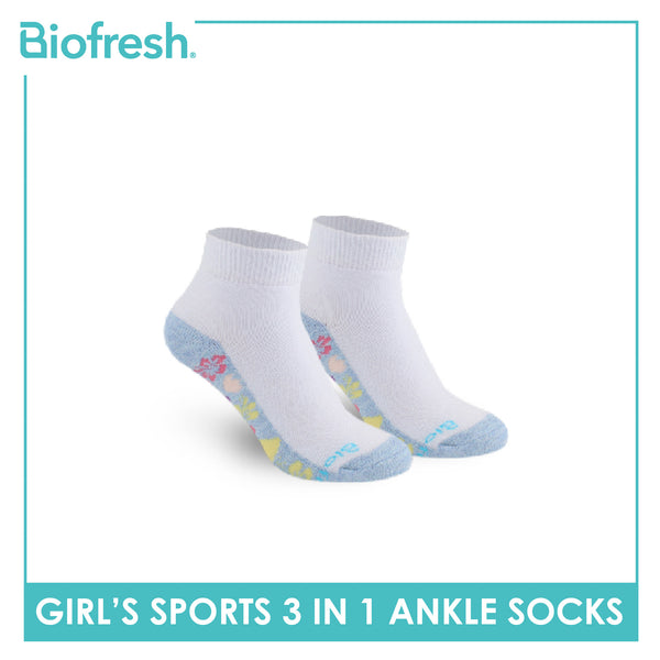 Biofresh Girls’ Antimicrobial Cotton Sports Ankle Socks 3 pairs in 1 pack RGSKG28