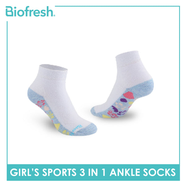 Biofresh Girls’ Antimicrobial Cotton Sports Ankle Socks 3 pairs in 1 pack RGSKG28