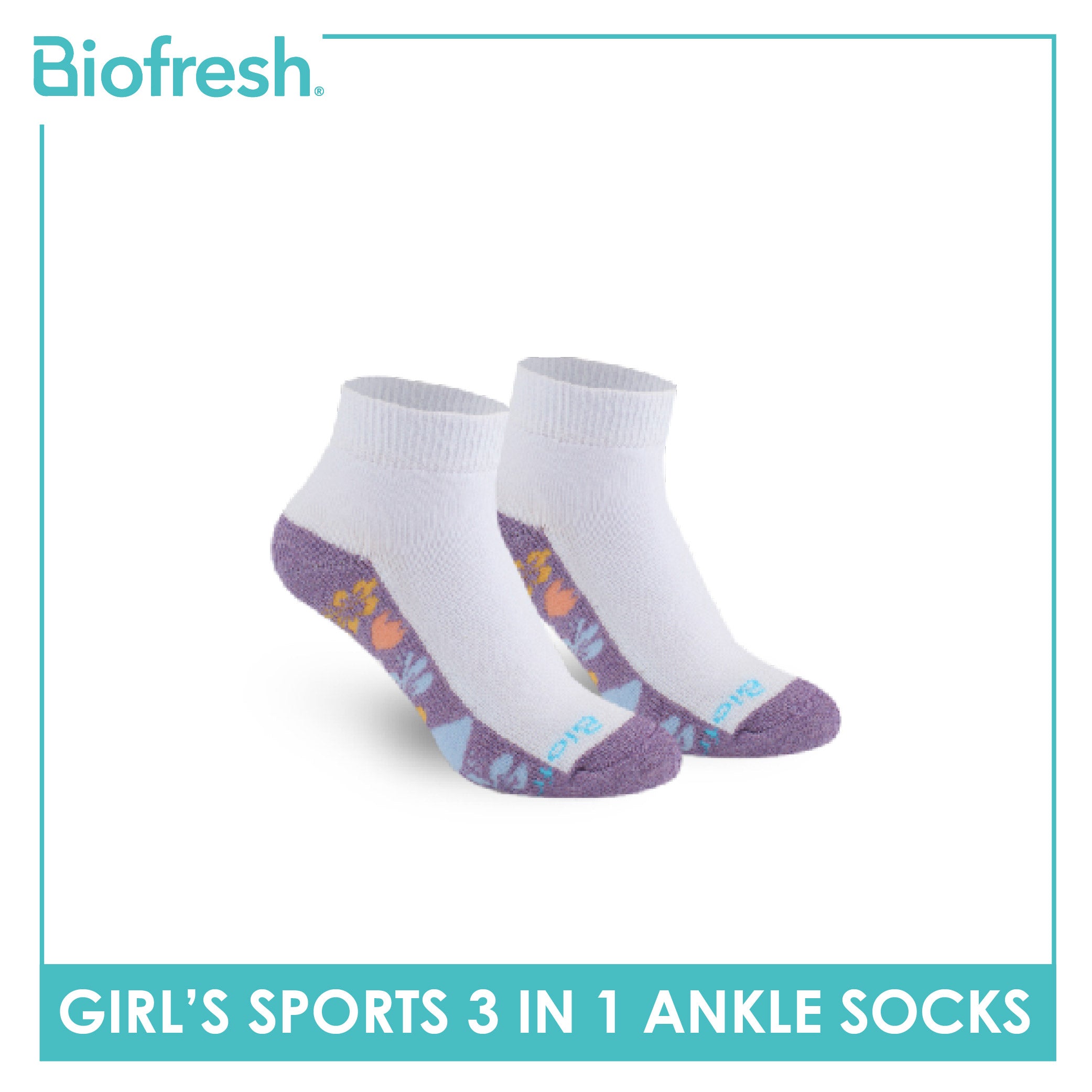 Biofresh Girls’ Antimicrobial Cotton Thick Sports Ankle Socks 3 pairs in 1 pack RGSKG28