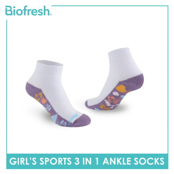 Biofresh Girls’ Antimicrobial Cotton Sports Ankle Socks 3 pairs in 1 pack RGSKG28