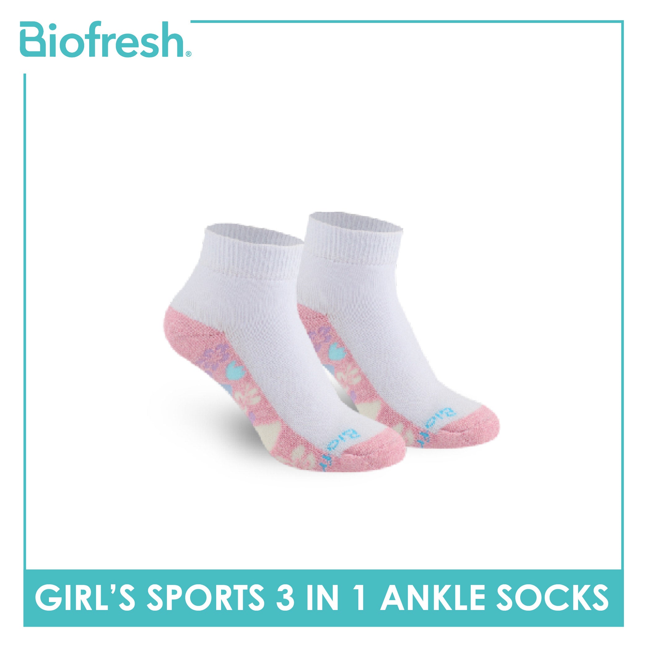 Biofresh Girls’ Antimicrobial Cotton Thick Sports Ankle Socks 3 pairs in 1 pack RGSKG28