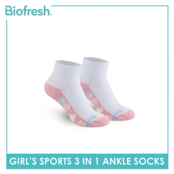Biofresh Girls’ Antimicrobial Cotton Sports Ankle Socks 3 pairs in 1 pack RGSKG28