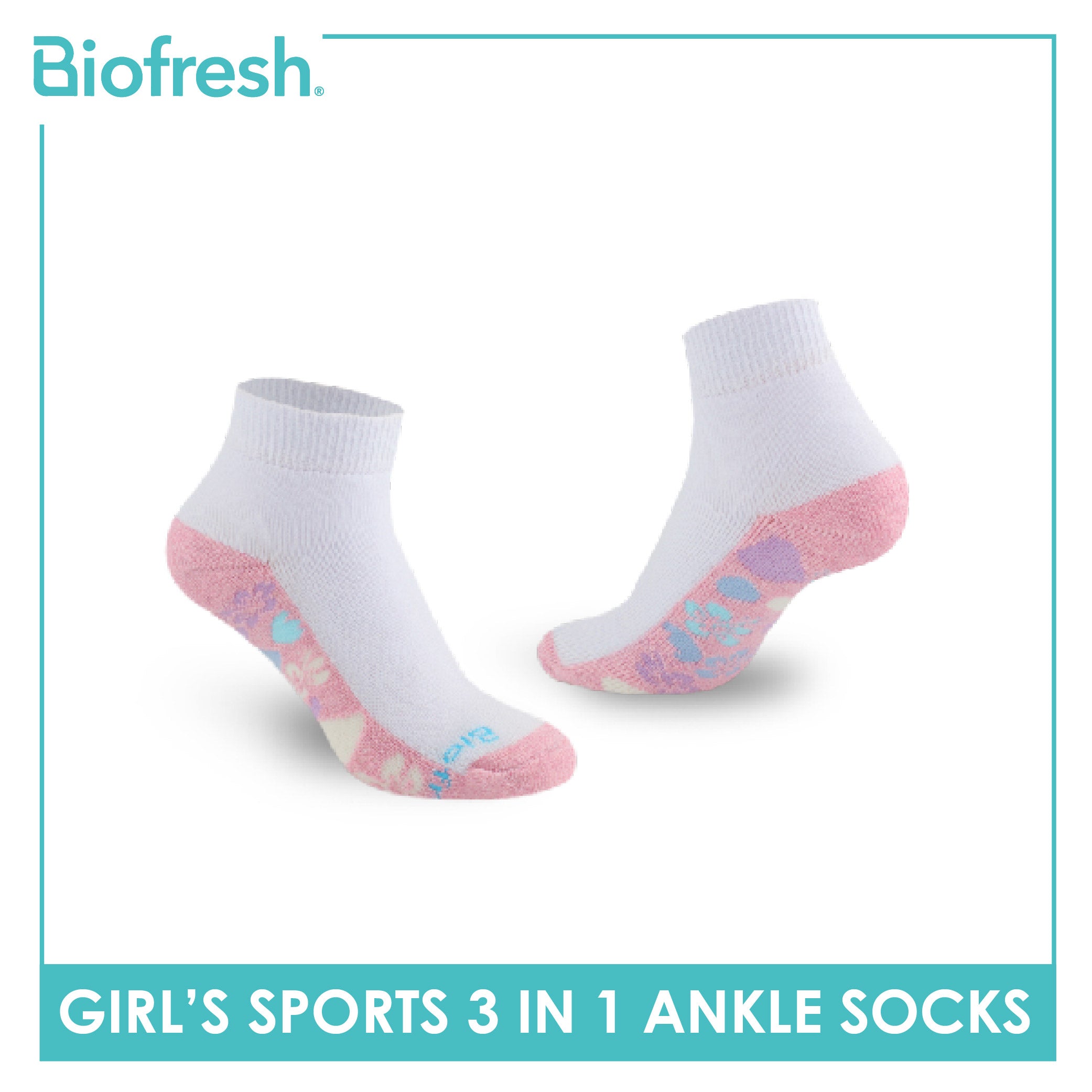 Biofresh Girls’ Antimicrobial Cotton Thick Sports Ankle Socks 3 pairs in 1 pack RGSKG28