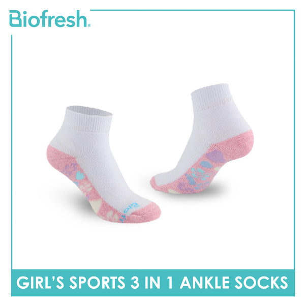 Biofresh Girls’ Antimicrobial Cotton Sports Ankle Socks 3 pairs in 1 pack RGSKG28