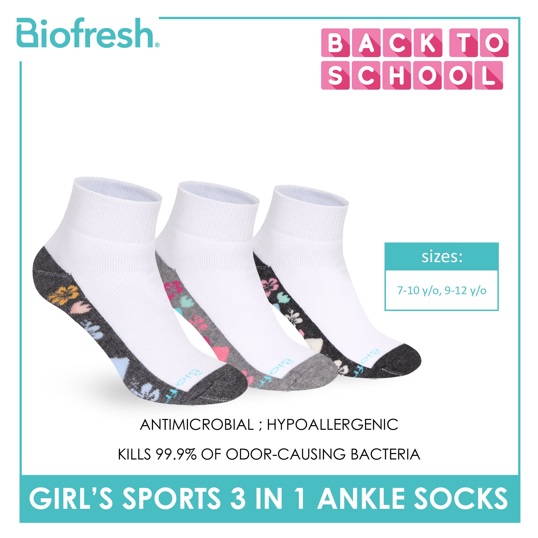 Biofresh Girls’ Antimicrobial Cotton Thick Sports Ankle Socks 3 pairs in 1 pack RGSKG28