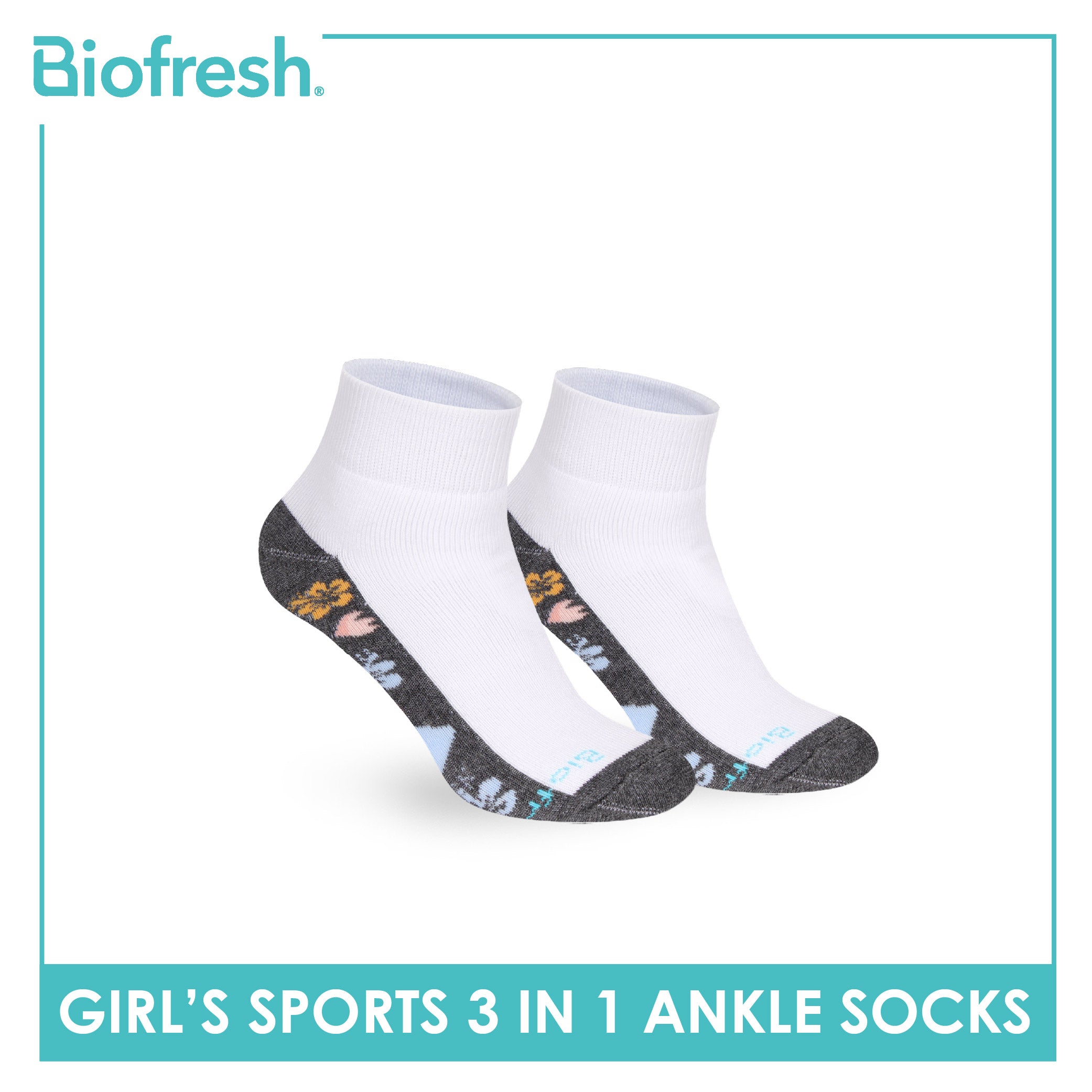 Biofresh Girls’ Antimicrobial Cotton Thick Sports Ankle Socks 3 pairs in 1 pack RGSKG28