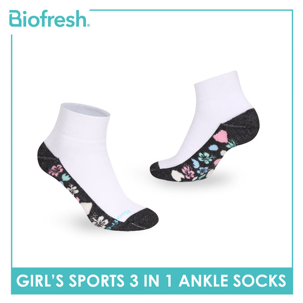 Biofresh Girls’ Antimicrobial Cotton Sports Ankle Socks 3 pairs in 1 pack RGSKG28