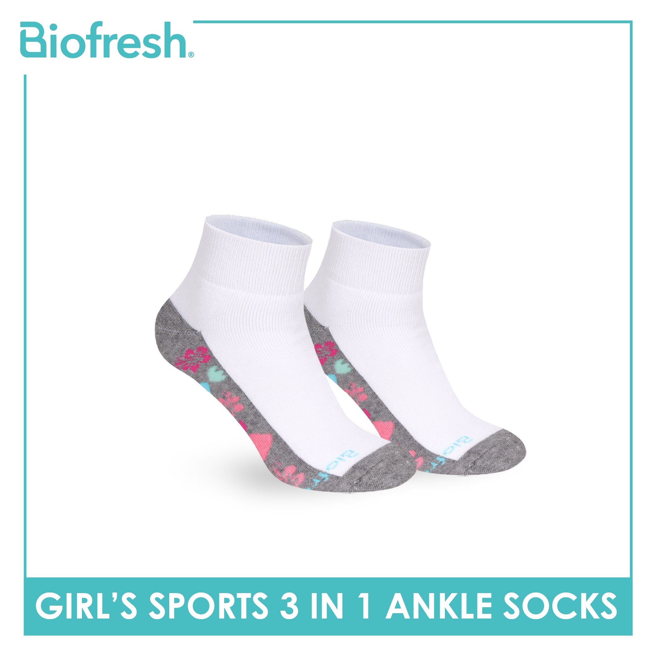 Biofresh Girls’ Antimicrobial Cotton Thick Sports Ankle Socks 3 pairs in 1 pack RGSKG28