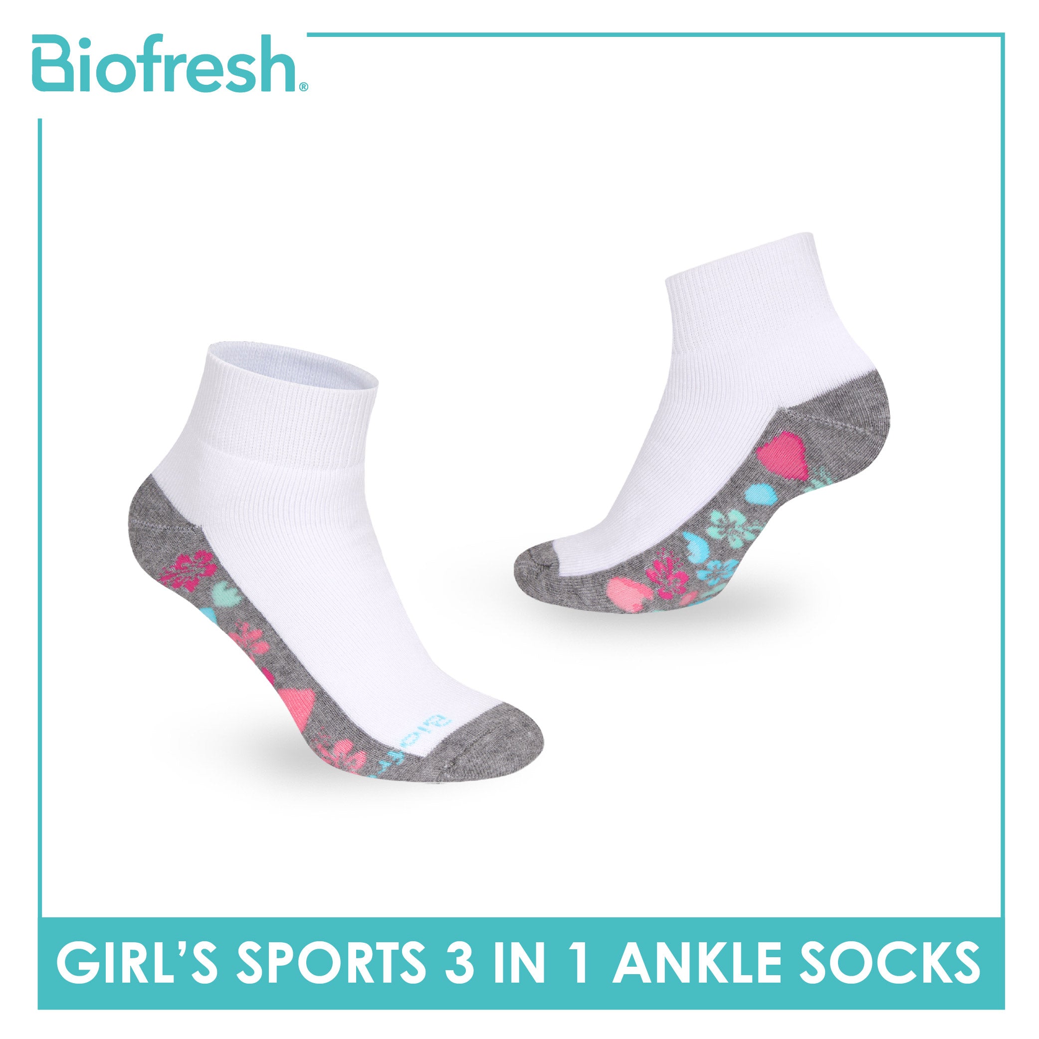 Biofresh Girls’ Antimicrobial Cotton Thick Sports Ankle Socks 3 pairs in 1 pack RGSKG28