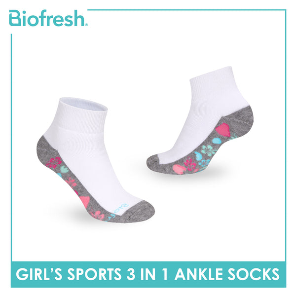 Biofresh Girls’ Antimicrobial Cotton Sports Ankle Socks 3 pairs in 1 pack RGSKG28