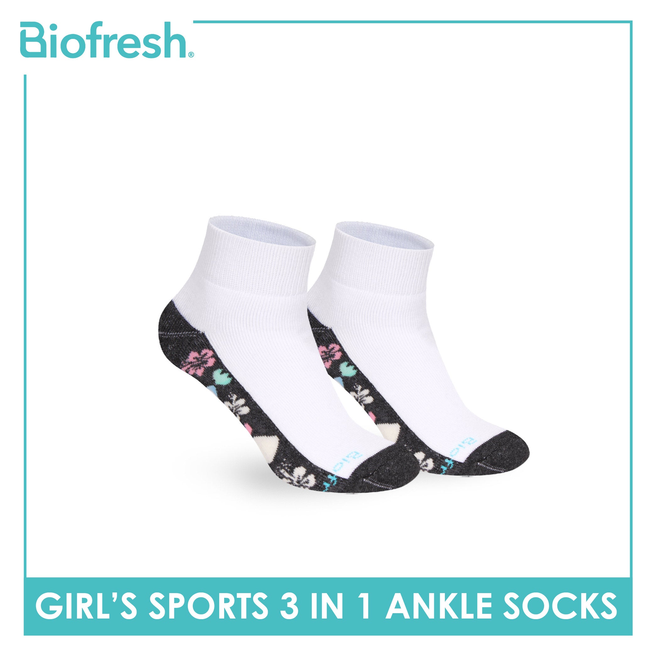 Biofresh Girls’ Antimicrobial Cotton Thick Sports Ankle Socks 3 pairs in 1 pack RGSKG28
