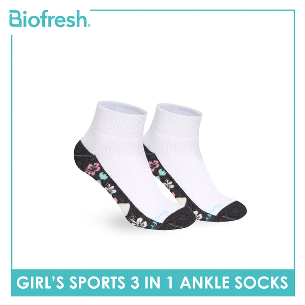 Biofresh Girls’ Antimicrobial Cotton Sports Ankle Socks 3 pairs in 1 pack RGSKG28