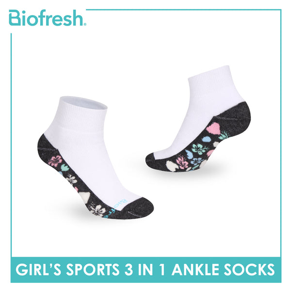 Biofresh Girls’ Antimicrobial Cotton Sports Ankle Socks 3 pairs in 1 pack RGSKG28