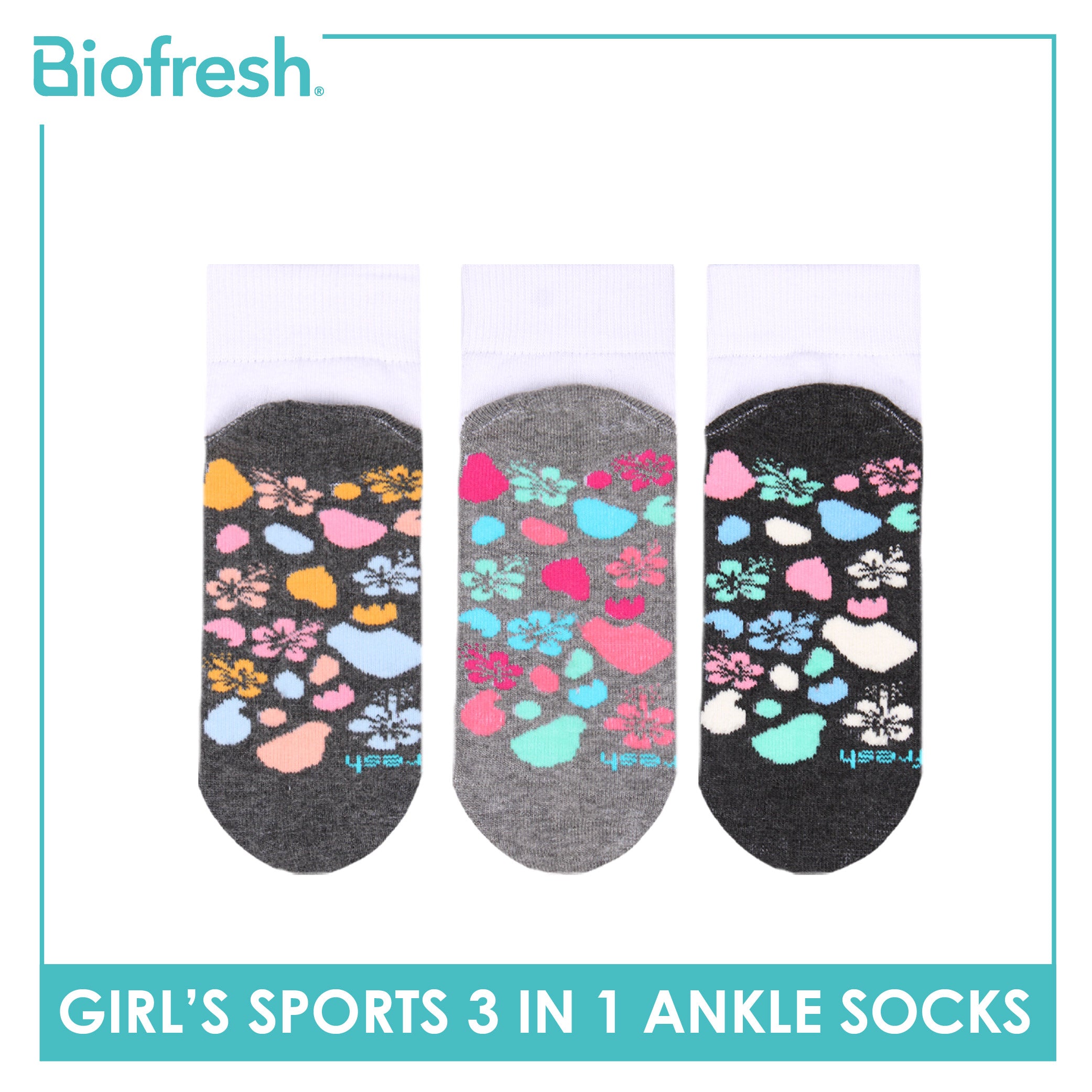 Biofresh Girls’ Antimicrobial Cotton Thick Sports Ankle Socks 3 pairs in 1 pack RGSKG28