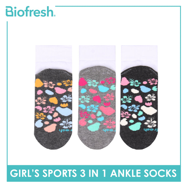 Biofresh Girls’ Antimicrobial Cotton Sports Ankle Socks 3 pairs in 1 pack RGSKG28