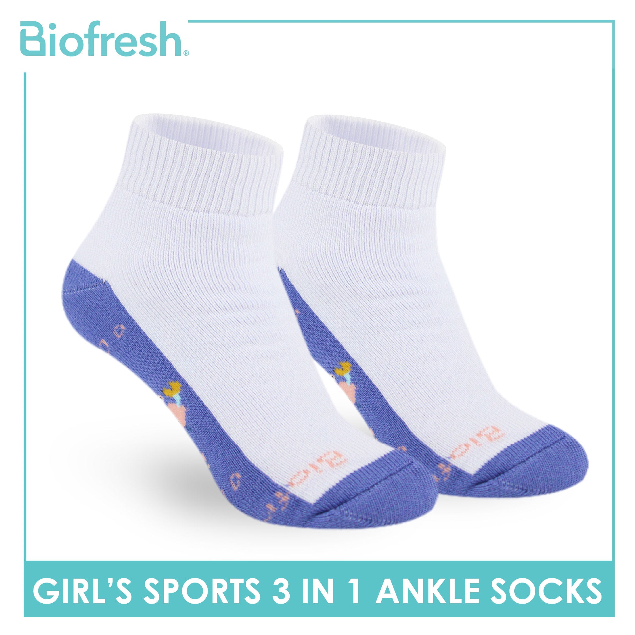 Biofresh Girl's Antimicrobial Cotton Thick Sports Ankle Socks 3 pairs in 1 pack RGSKG29