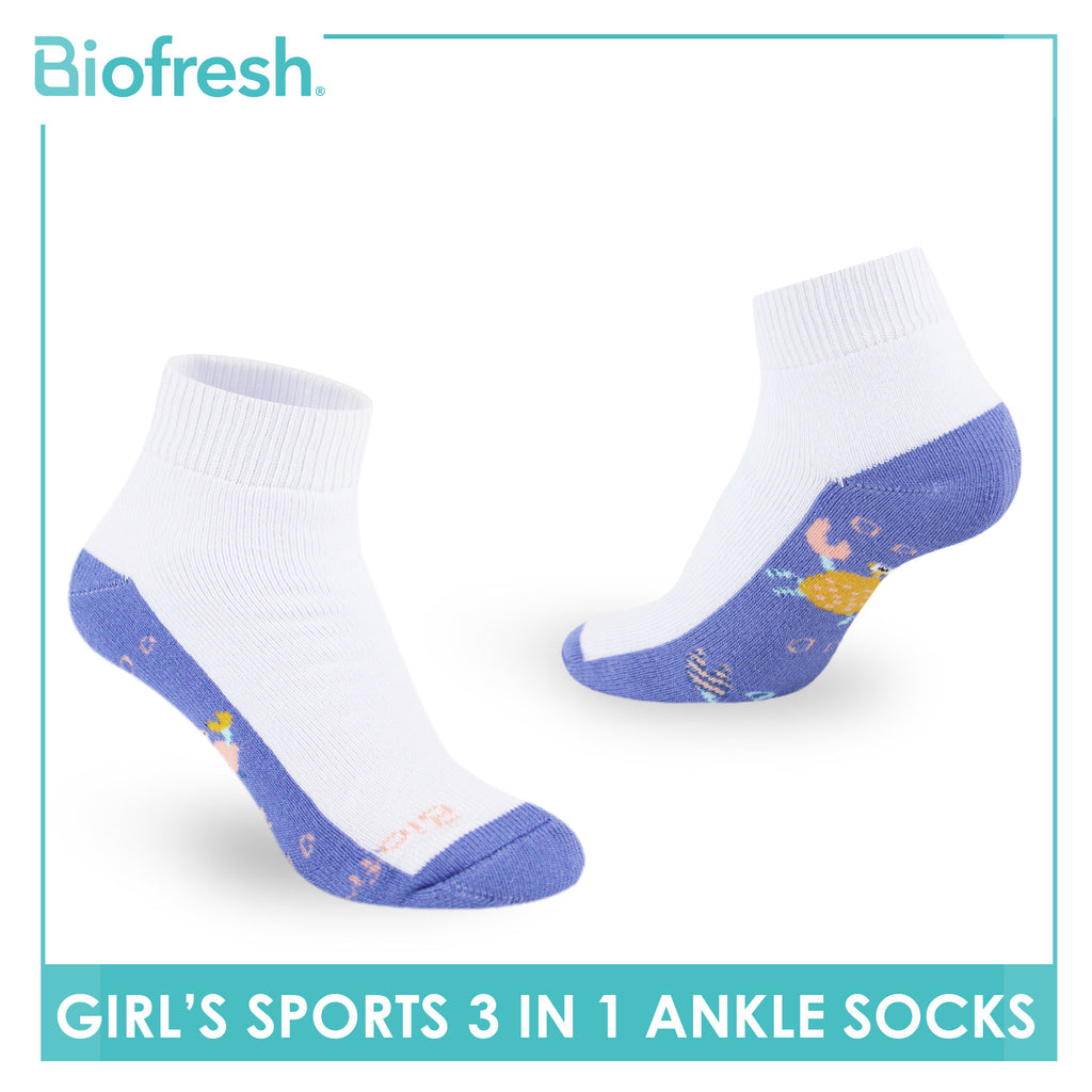 Biofresh Girl's Antimicrobial Cotton Thick Sports Ankle Socks 3 pairs in 1 pack RGSKG29