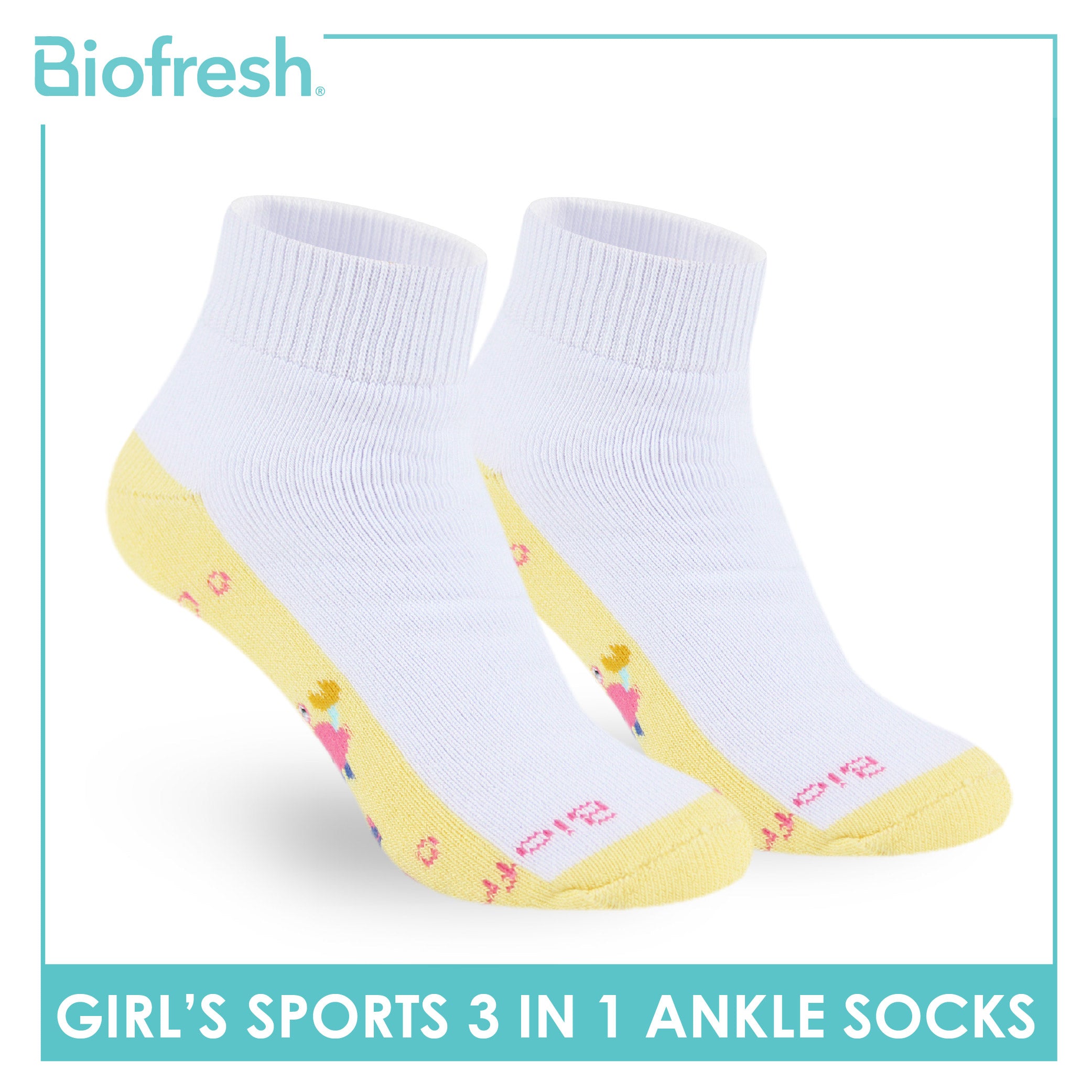 Biofresh Girl's Antimicrobial Cotton Thick Sports Ankle Socks 3 pairs in 1 pack RGSKG29