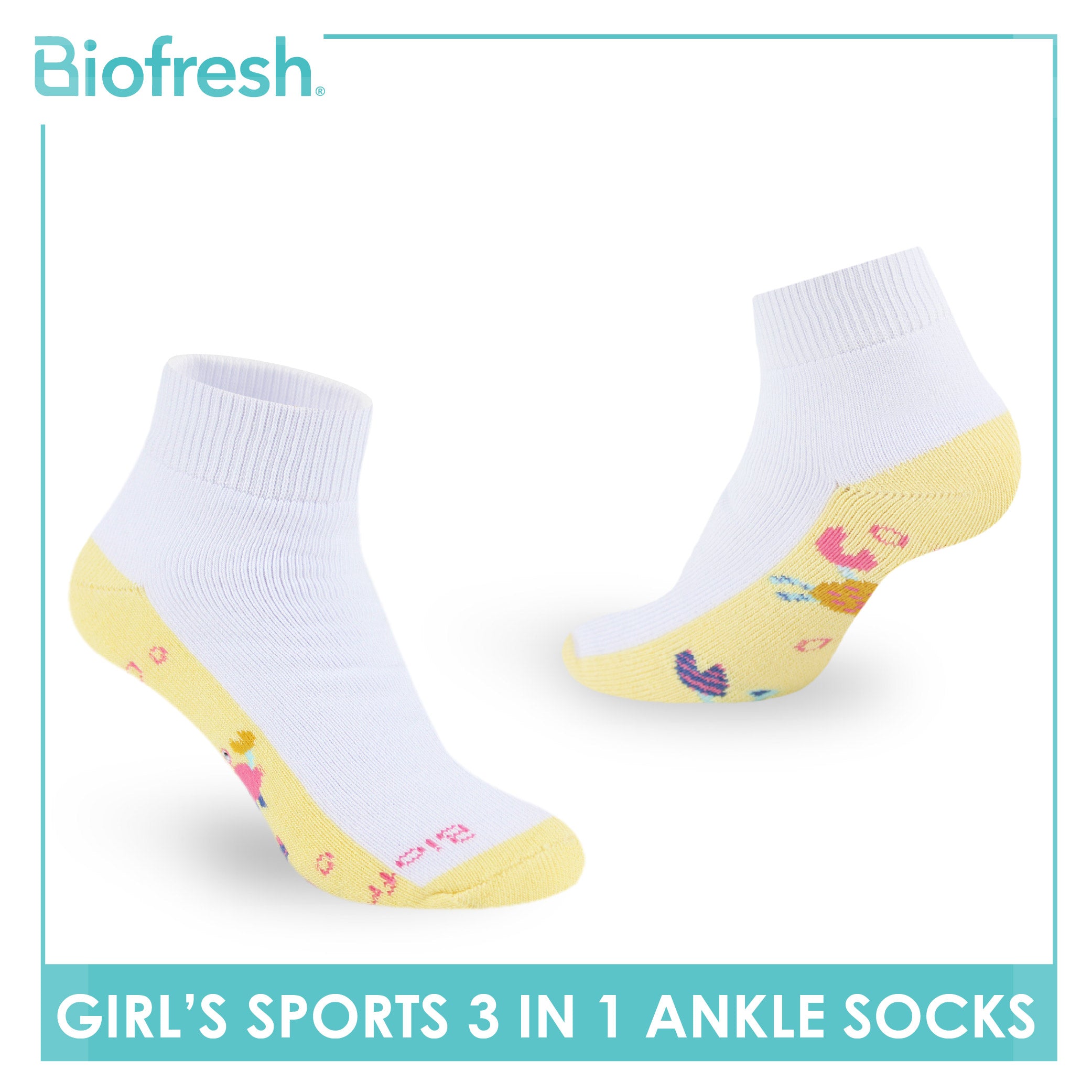 Biofresh Girl's Antimicrobial Cotton Thick Sports Ankle Socks 3 pairs in 1 pack RGSKG29