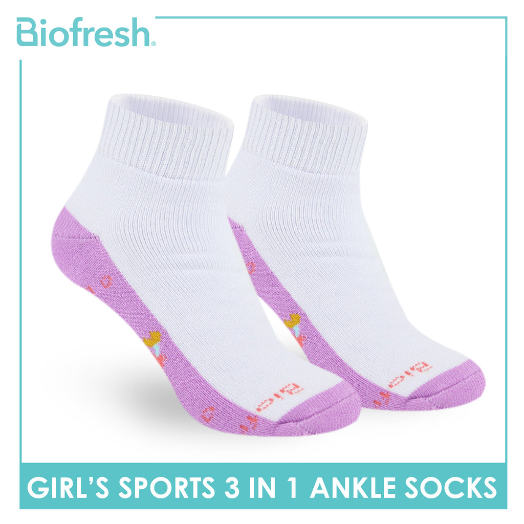 Biofresh Girl's Antimicrobial Cotton Thick Sports Ankle Socks 3 pairs in 1 pack RGSKG29