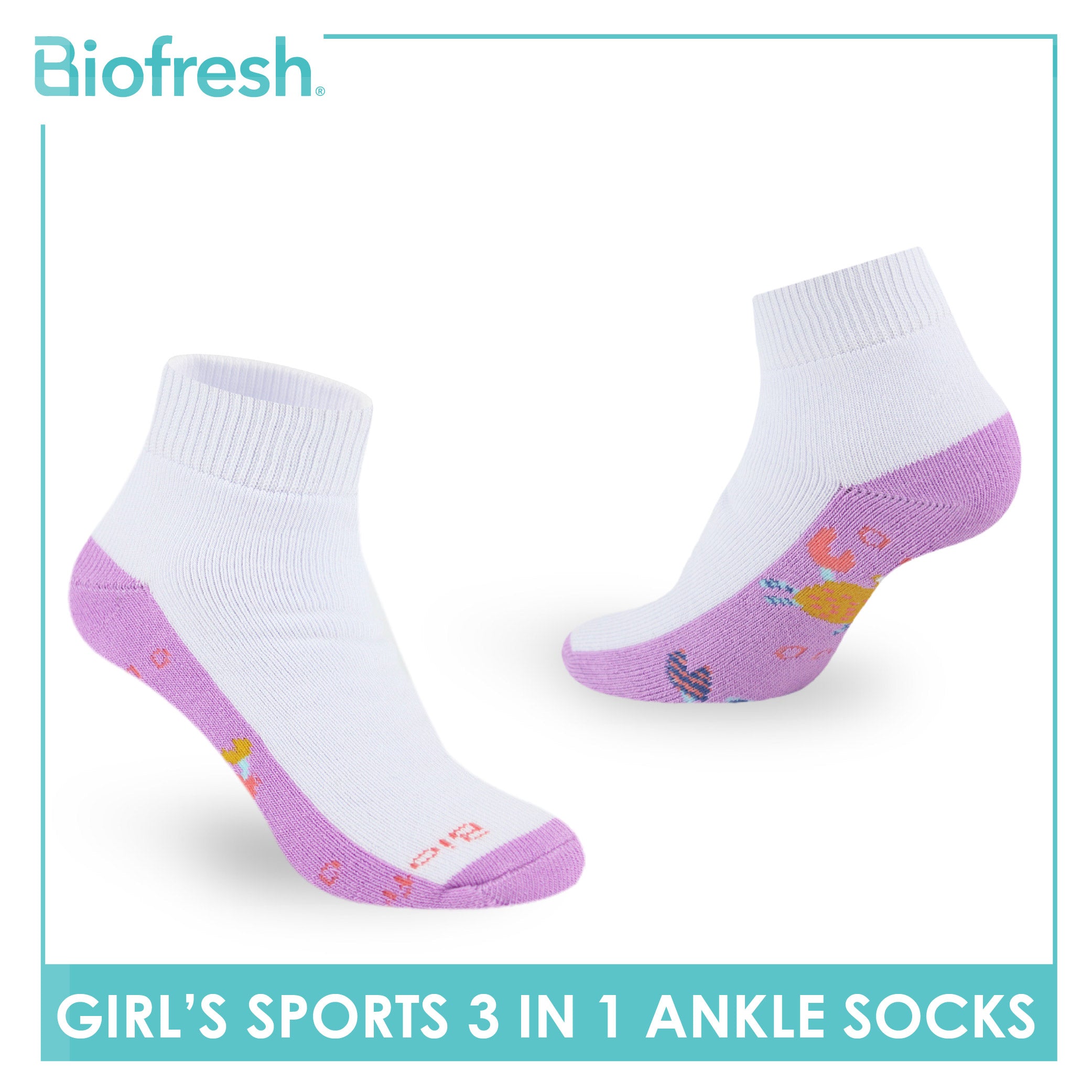 Biofresh Girl's Antimicrobial Cotton Thick Sports Ankle Socks 3 pairs in 1 pack RGSKG29