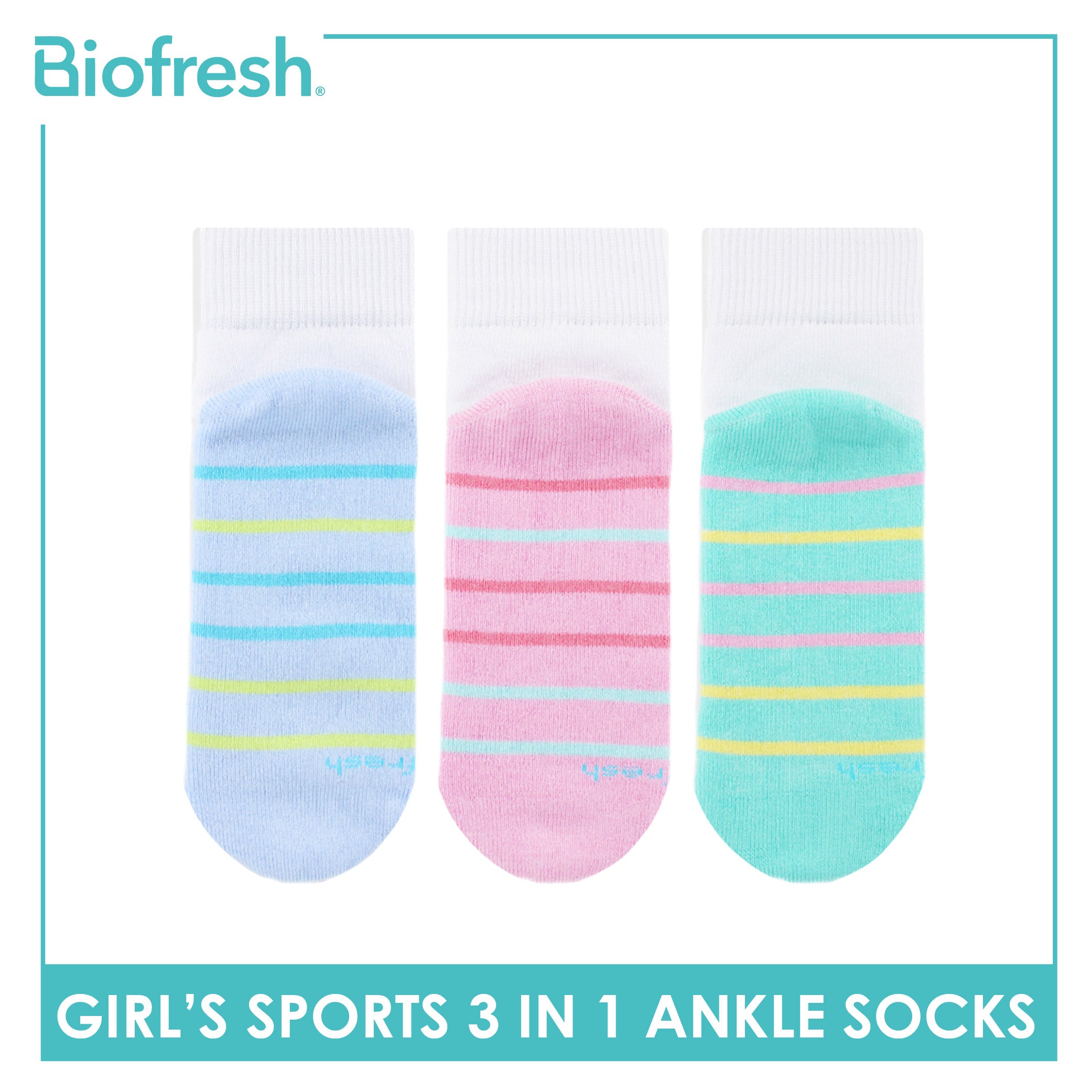 Biofresh Girl's Antimicrobial Cotton Thick Sports Ankle Socks 3 pairs in 1 pack RGSKG29